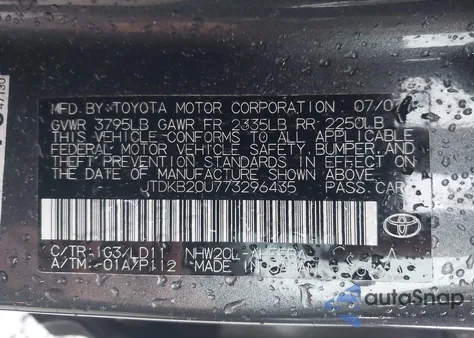 2007 Toyota Prius from USA, damaged, VIN JTDKB20U773296435